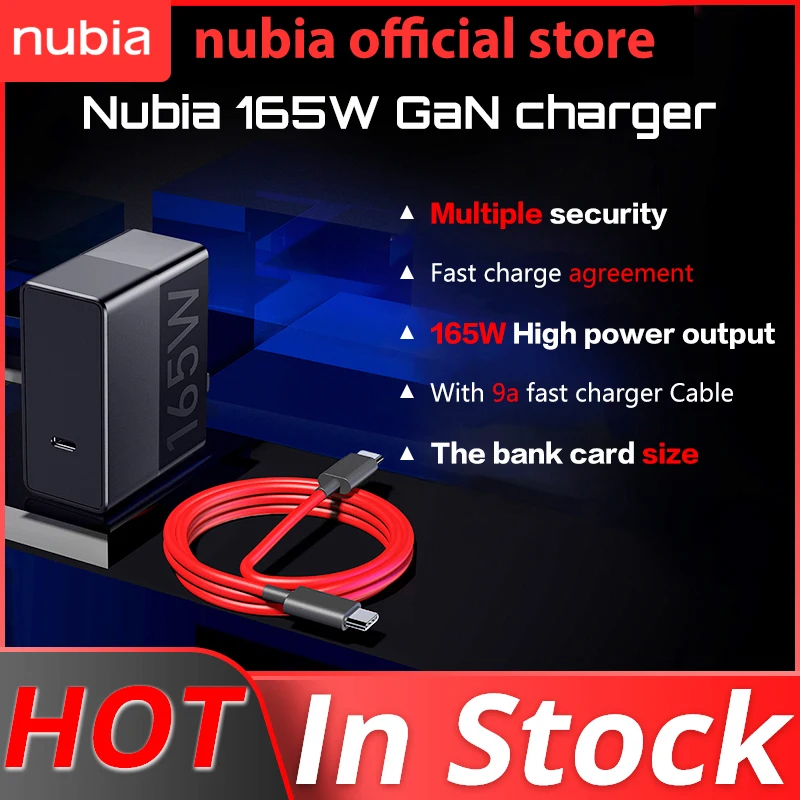 Original Nubia 165W Gan Power Adapter Charger with 9A Type-C Data Cable Fast Charging Power Adapter