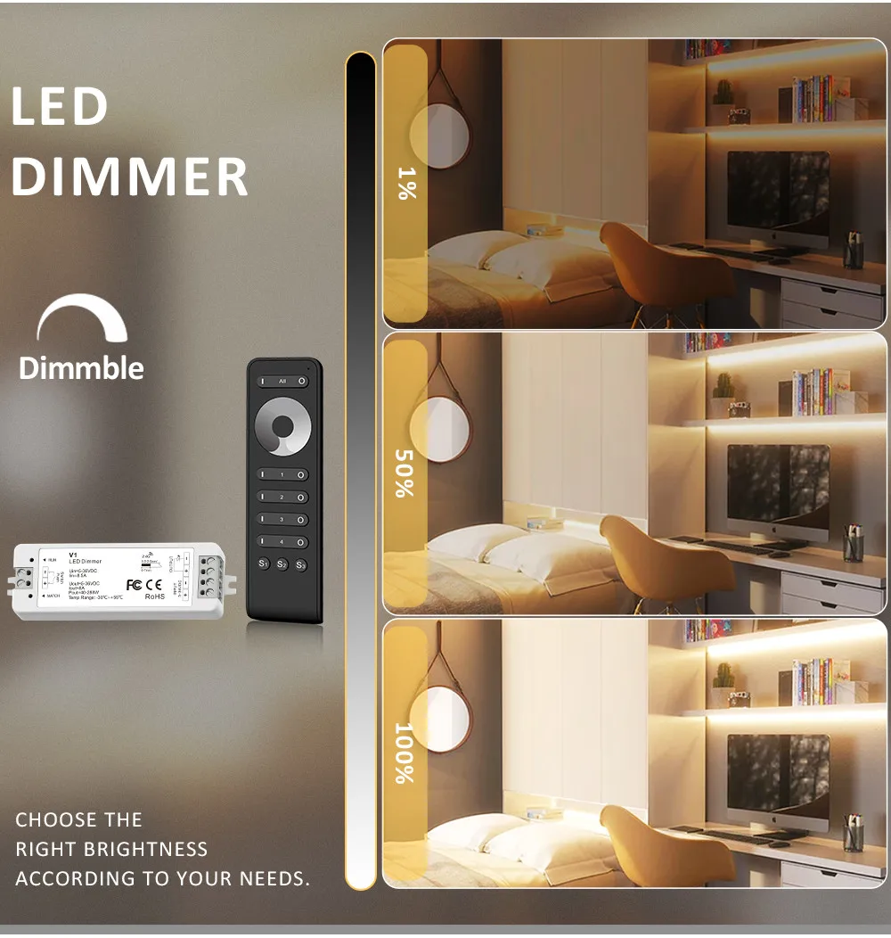 V1 LED Dimmer 12V 24V 36V RS1 4 Zone Single Color LED Strip Dimming Kit Wireless Wifi 2.4G RF Remote Control Push Switch Dimer