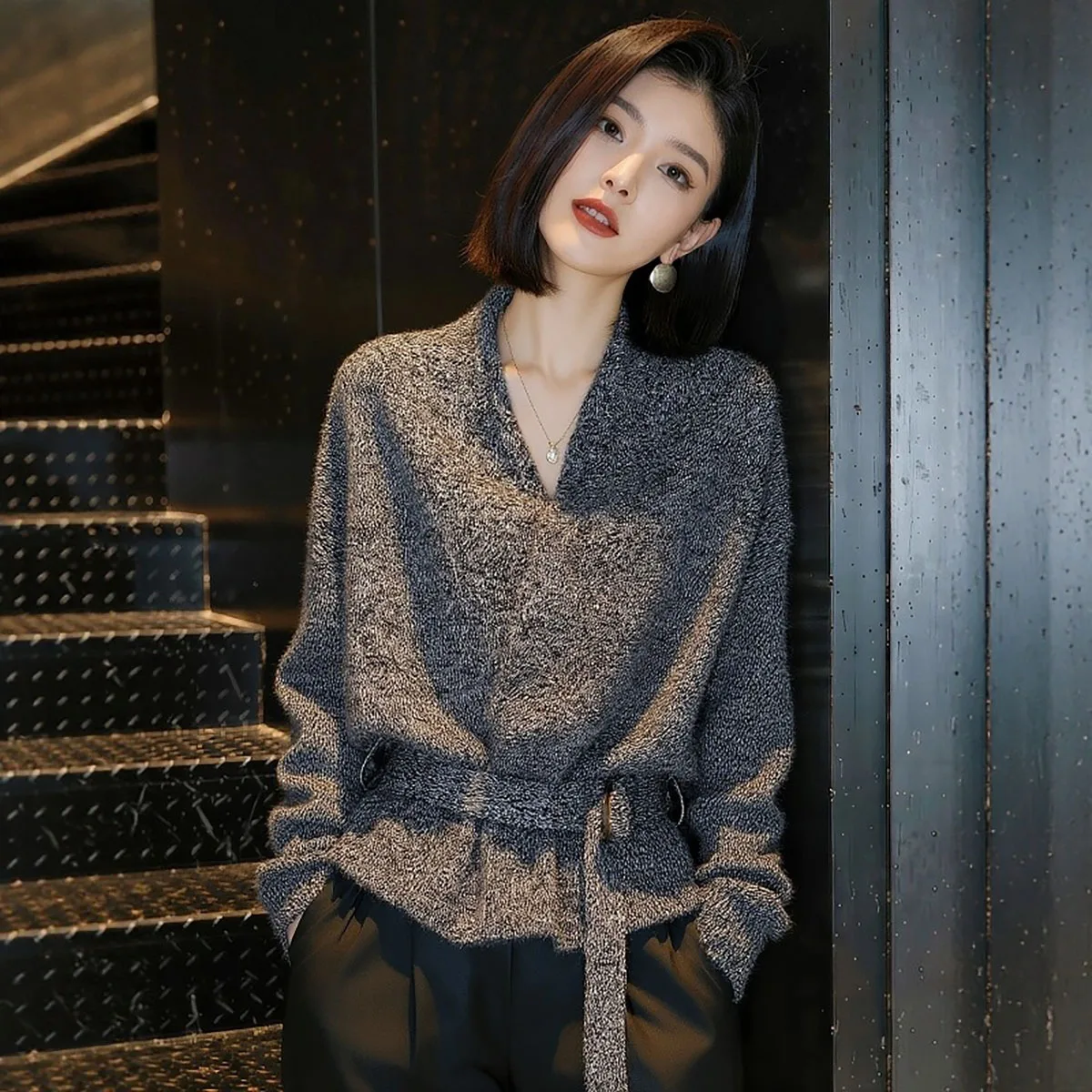 

Серый вязаный кардиган с V-образным вырезом для женщин, осенне-зимний, элегантный, молодежный стиль, с завязками на талии, вязаный топ-кардиган