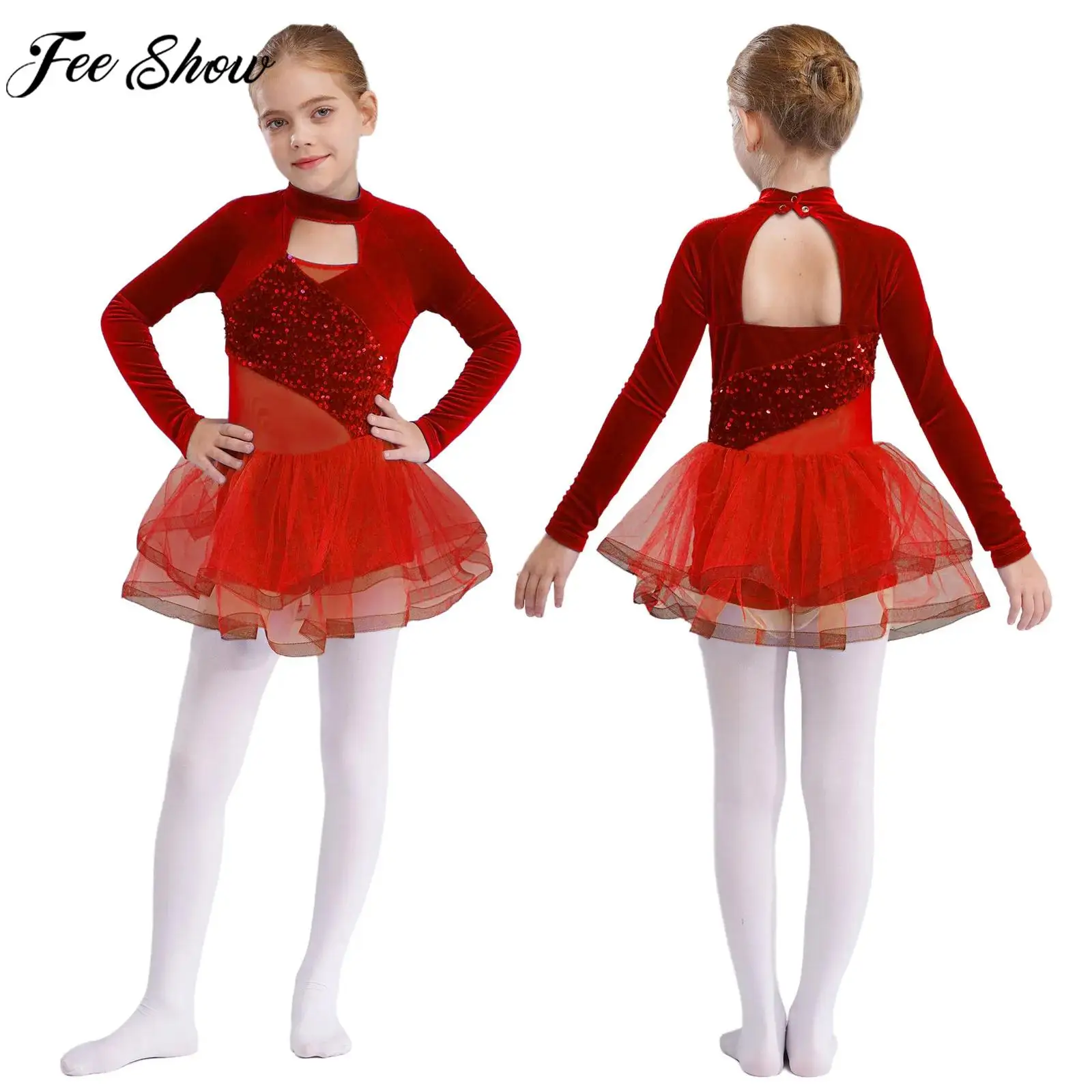 Kids Girl Ballet Dress Long Sleeve Shiny Sequin Velvet Mesh Leotard Tutu for Lyrical Dance Figure Skating Gymnastics Performance