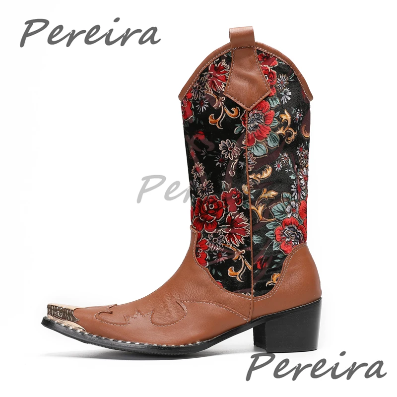 Ethnic Style Flower Embroidery Knight Boots Winter New Brown Genuine Leather Metal Pointed Toe Knee High Boots Trendy Men Shoes