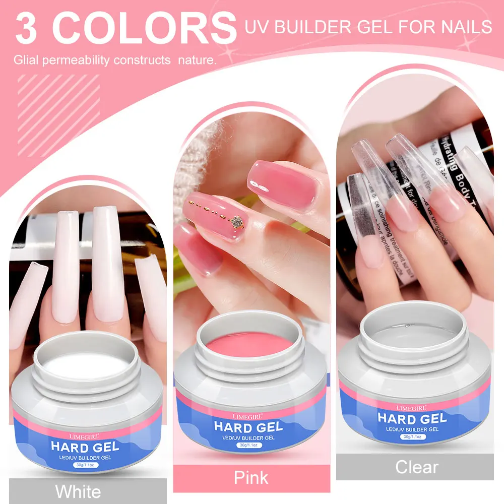 Limegirl LED/UV Builder Gel de uñas 3 colores Kit de Gel de extensión de uñas desnudo rosa claro duro Gel constructor fortalecedor de uñas juego de manicura