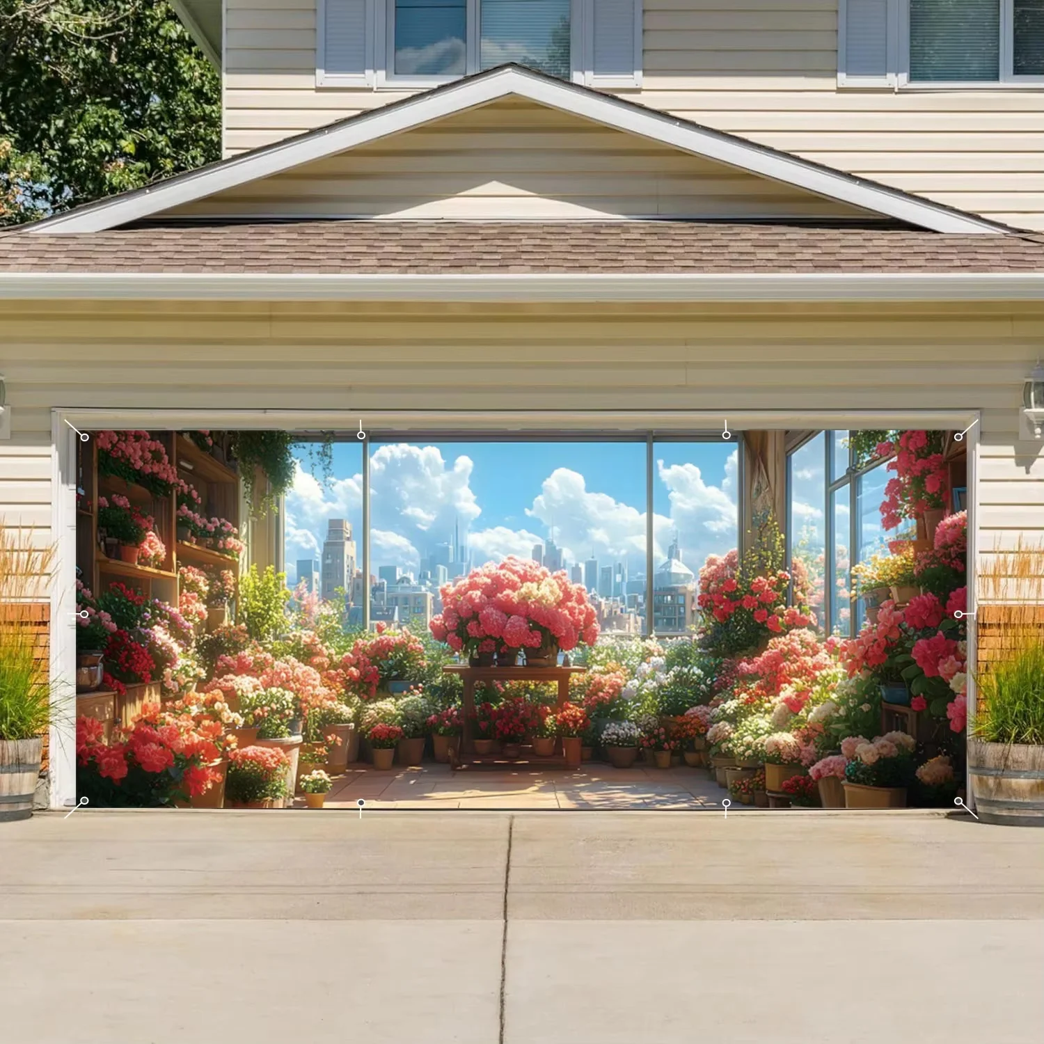 Spring Flowers Garden House Scene Garage Door Wall Decoration Backdrop Yard Outdoor Party Large Hanging Photography Background