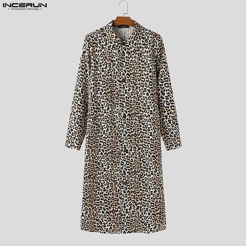 

INCERUN Men Long Style Trench Leopard Printing Lapel Long Sleeve Male Coats Cardigan Streetwear Fashion Loose Windbreaker 2026