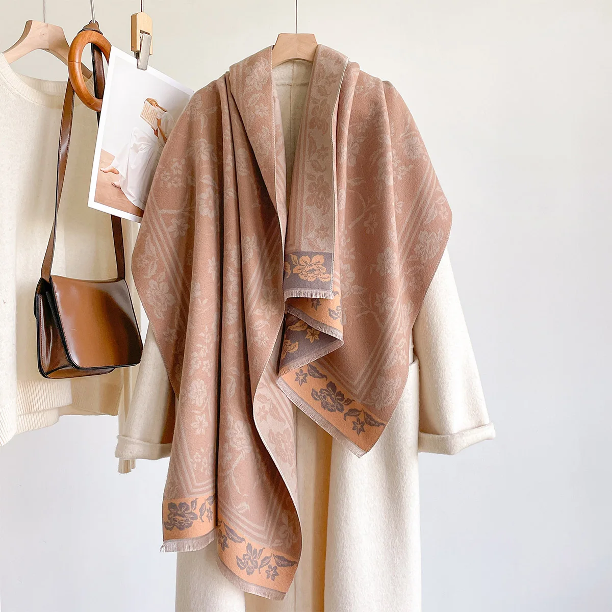 Winter Luxury Feel Caramel Cream Vintage Garden Floral Print Cashmere Feel Shawl Wrap Ladies Soft Fringed Reversible Scarf