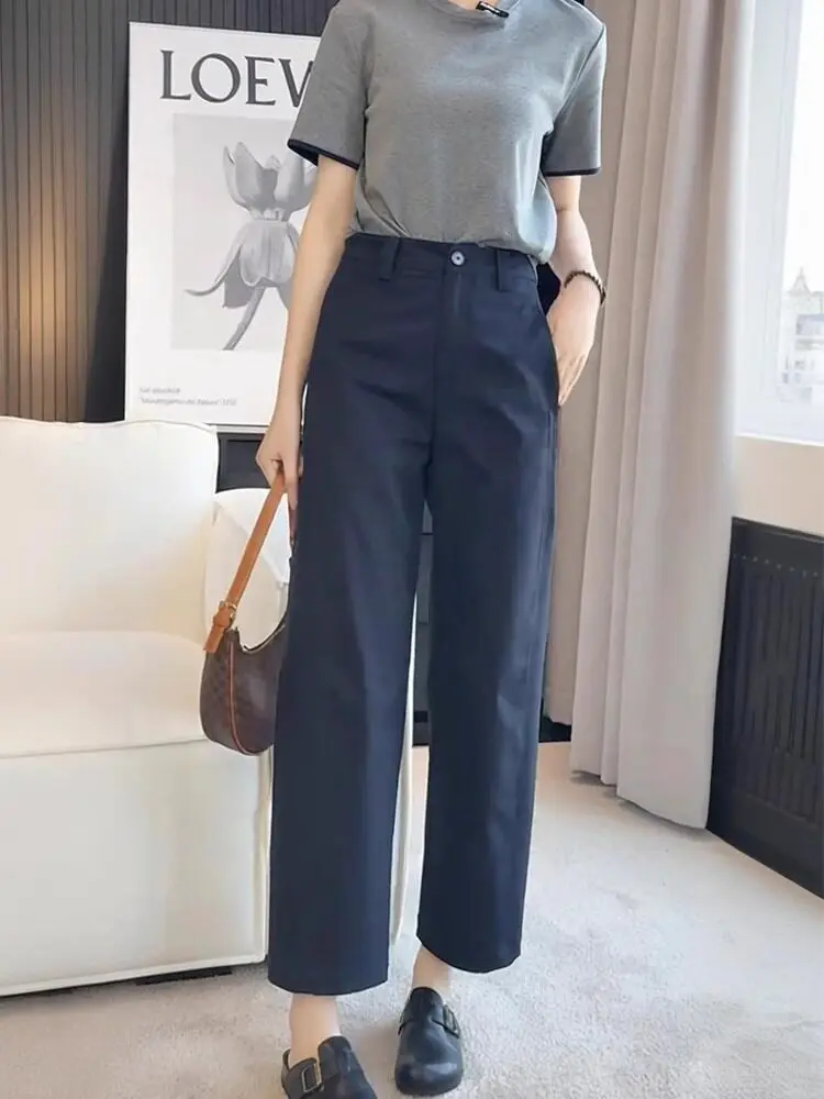 Slimming Straight Leg Suit Pants Women's Summer Thin Casual Trousers High Waist Button Closure Other Material High Waist Pants