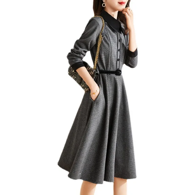 2024 New High Quality Women Button Tweed Fabric Dress Autumn Winter Patchwork Long Sleeve Ladies Office Midi Vestidos With Belt