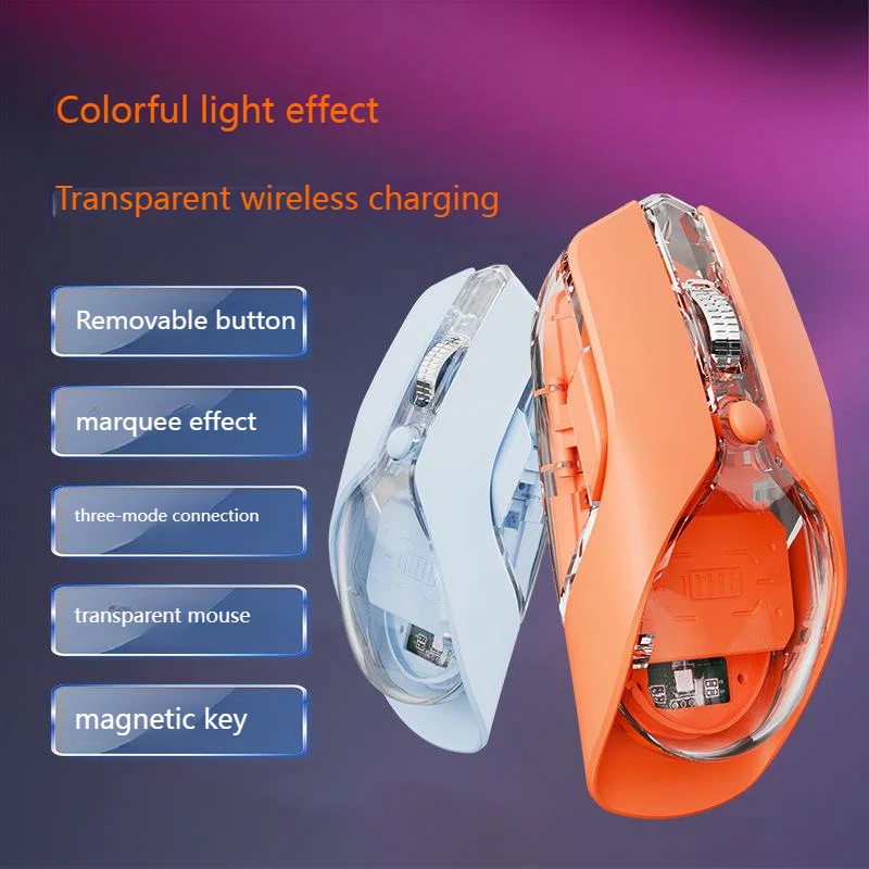 ماوس لاسلكي بإضاءة خلفية RGB 2.4G/بلوتوث/سلكي ثلاثي الوضع قابل لإعادة الشحن ماوس ألعاب كمبيوتر شفاف 3200 ديسيبل متوحد الخواص لأجهزة الكمبيوتر المحمولة