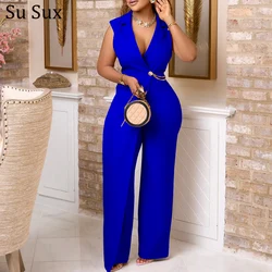 Elegant High Waist Wide Leg Wide Jumpsuit Women Rompers Office Lady Solid Sleeveless Jumsuit Vestidos Overalls 2024