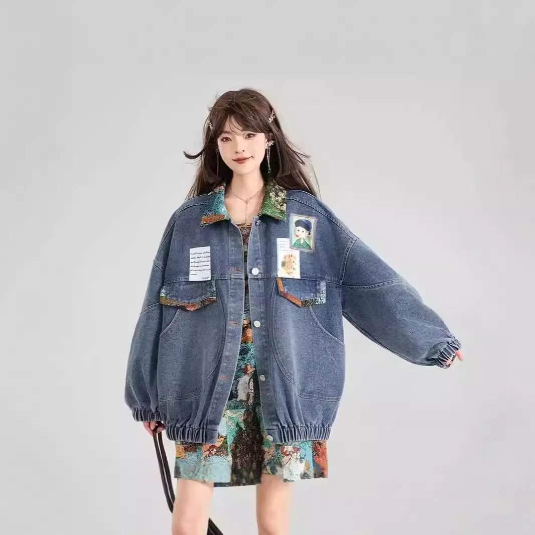 

Denim Coat Women Jackets Vintage Patchwork Bow Outerwear Single Breasted Turn Down Collar Washed Overcoat 2025 Autumn Streetwear