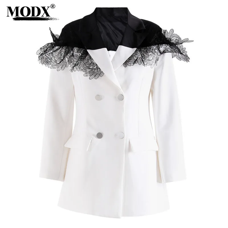 [MODX] Lace Patchwork Suit Jacket, Women's Spring New Style, Double Row Buckle, Waist Cinching,