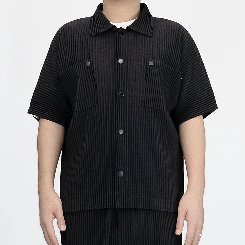 Pleats Pleated Original Pants Suit 2024 Spring And Summer Short-sleeved Jacket Loose Black Shirt Japanese Casual Jacket Clothing