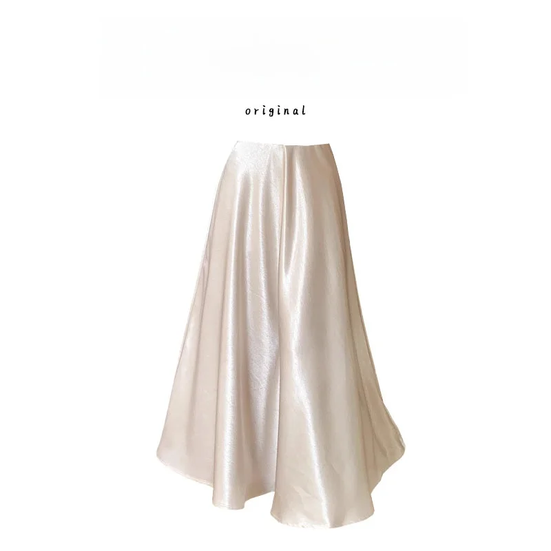 

Юбка-миди трапециевидной формы с высокой талией, женская однотонная атласная драпированная юбка, летняя утягивающая расклешенная длинная юбка