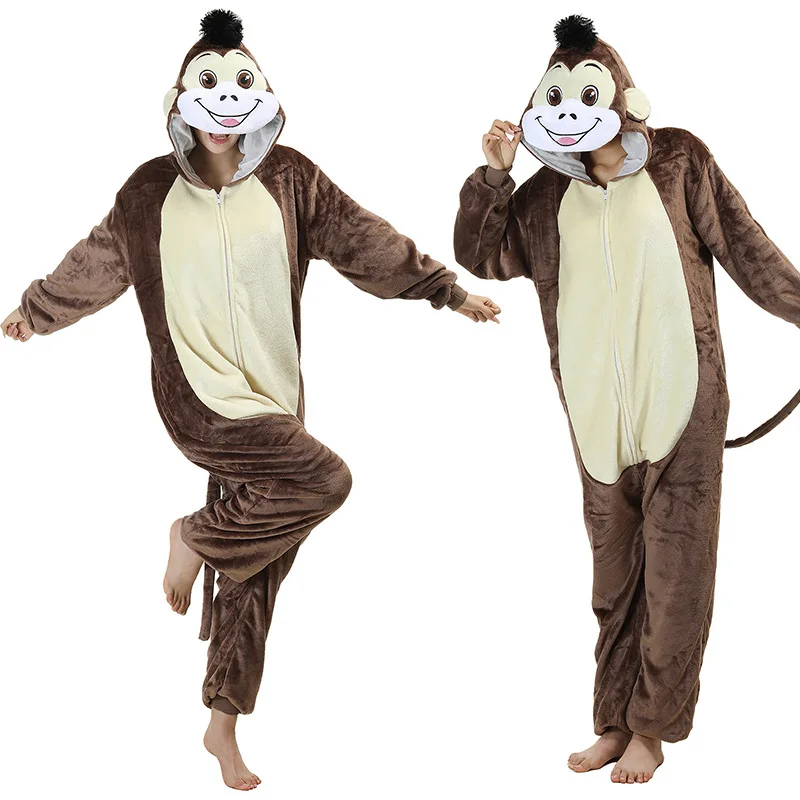 

2025 Autumn and Winter New Pajamas Casual Cartoon Animal Cute Horse Monkey Flannel Children Adult Couple One-piece Pajamas