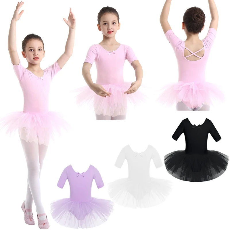 

Kids Girls Ballet Gymnastics Tutu Dress Short Sleeve Skirted Leotard Children Ballerina Clothes Swan Dance Costumes Dancewear