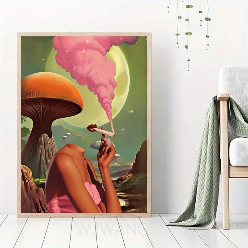 Surreal Retro Woman Posters and Prints Smoke Mushroom Pink Canvas Painting Wall Art Pictures for Living Room Home Decor