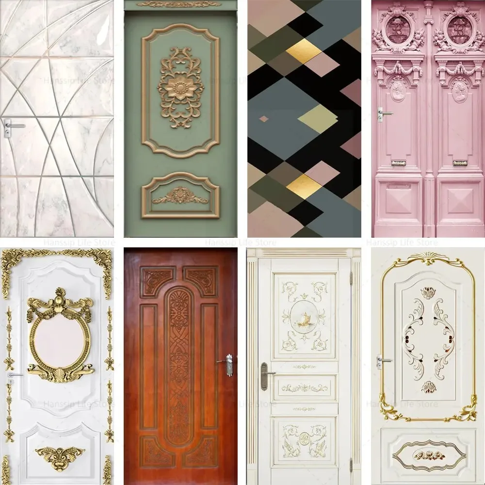 

3D European Luxury Door Sticker Gold Embossed Floral Geometric Marble Pattern Self Adhesive PVC Door Mural Wallpaper Home Decor
