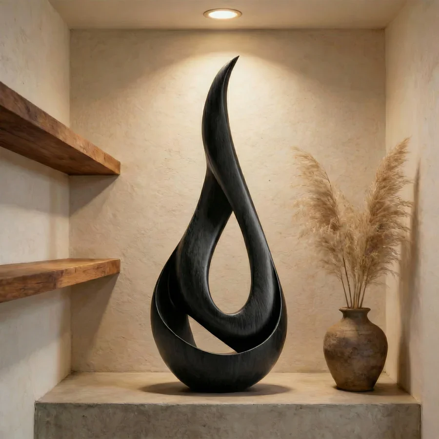 Abstract Teardrop Shape Wooden Sculpture Matte Black Hand Carved Wood Tabletop Decor Home Hotel Ornament