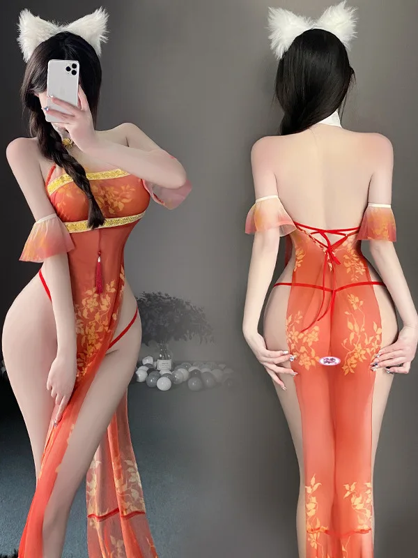 Koi macio sexy gaze malha renda transparente doce topos flor rainha cheongsam fenda longo uniforme vestido elegante 2024 novo laranja d7bq