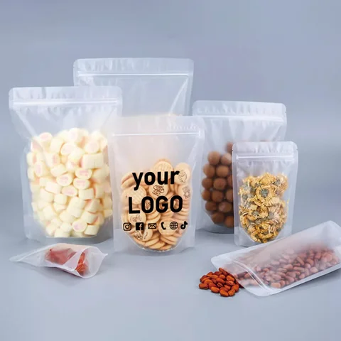 100 Pieces of Frosted Self-Standing Ziplock Bags, Candy Snack Packaging Bags, Dried Fruit Food Sealing Bags with Printable Brand