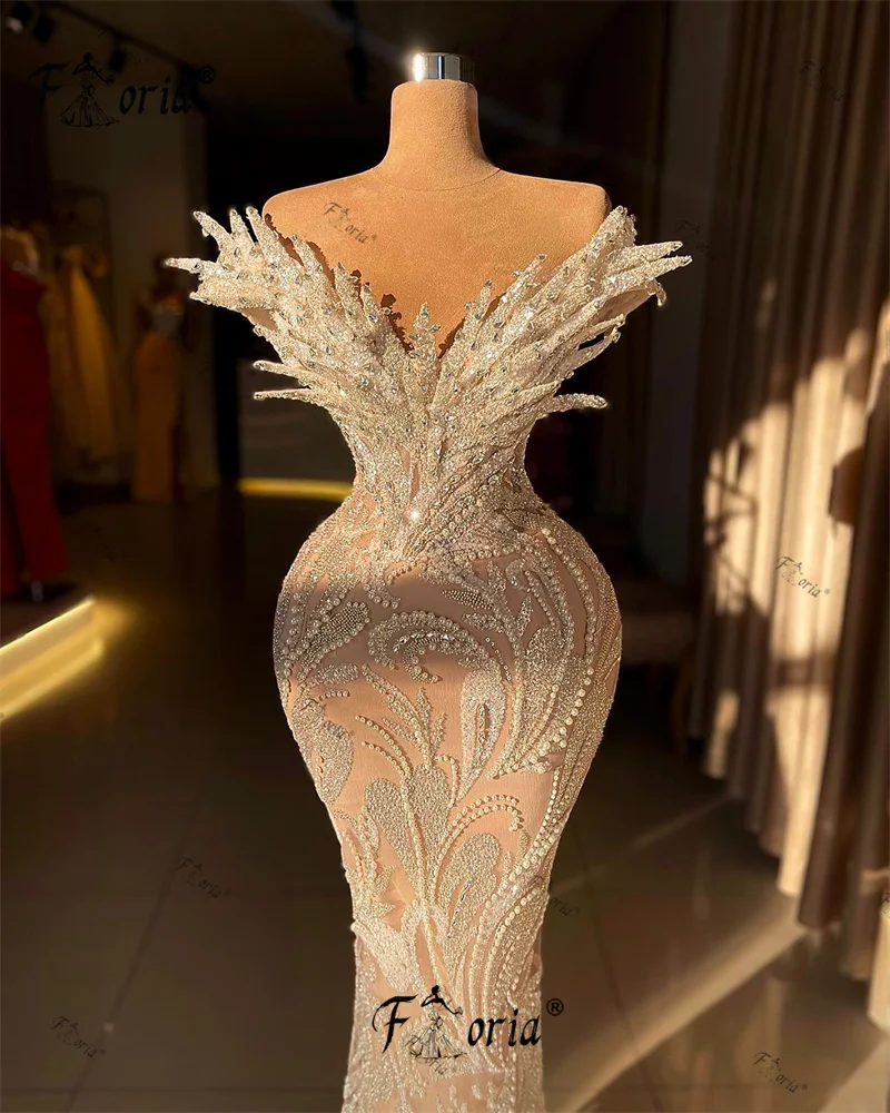 Elegant Champagne Mermaid Formal Evening Dresses 3D Appliques Beaded Prom Dress vestidos de ocasión formales Arabic Robe 2024