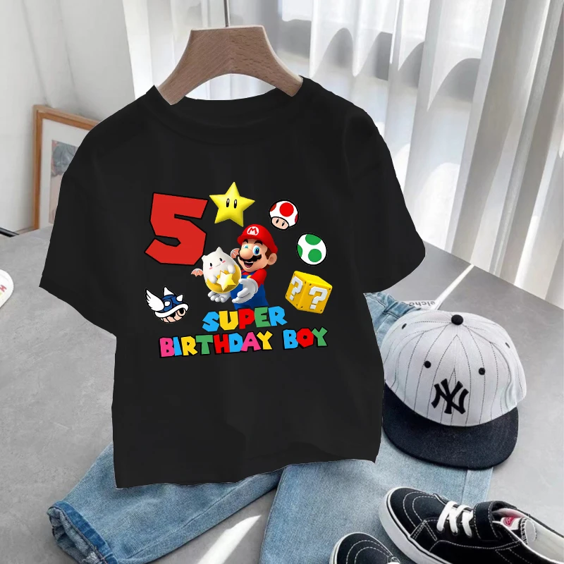 スーパーマリオのキャラクターがプリントされたTシャツ,トップス,子供向けのコットンTシャツ,漫画のデザイン,デジタル,誕生日,男の子,夏