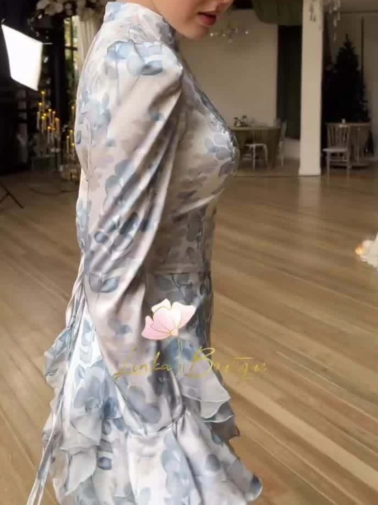 جديد الصيف لطيف نمط سليم صالح الدانتيل يصل فستان ستان مطبوع بأكمام طويلة فستان طويل للنساء فستان أنيق الملابس النسائية