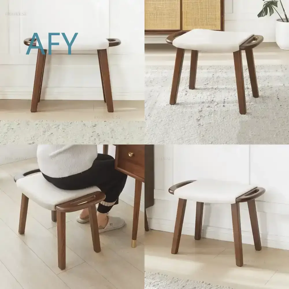 Solid Wood Dormitory Makeup Stool for Small Apartment Bedroom Living Room Office Use Nordic Style Low Ottoman Fabric