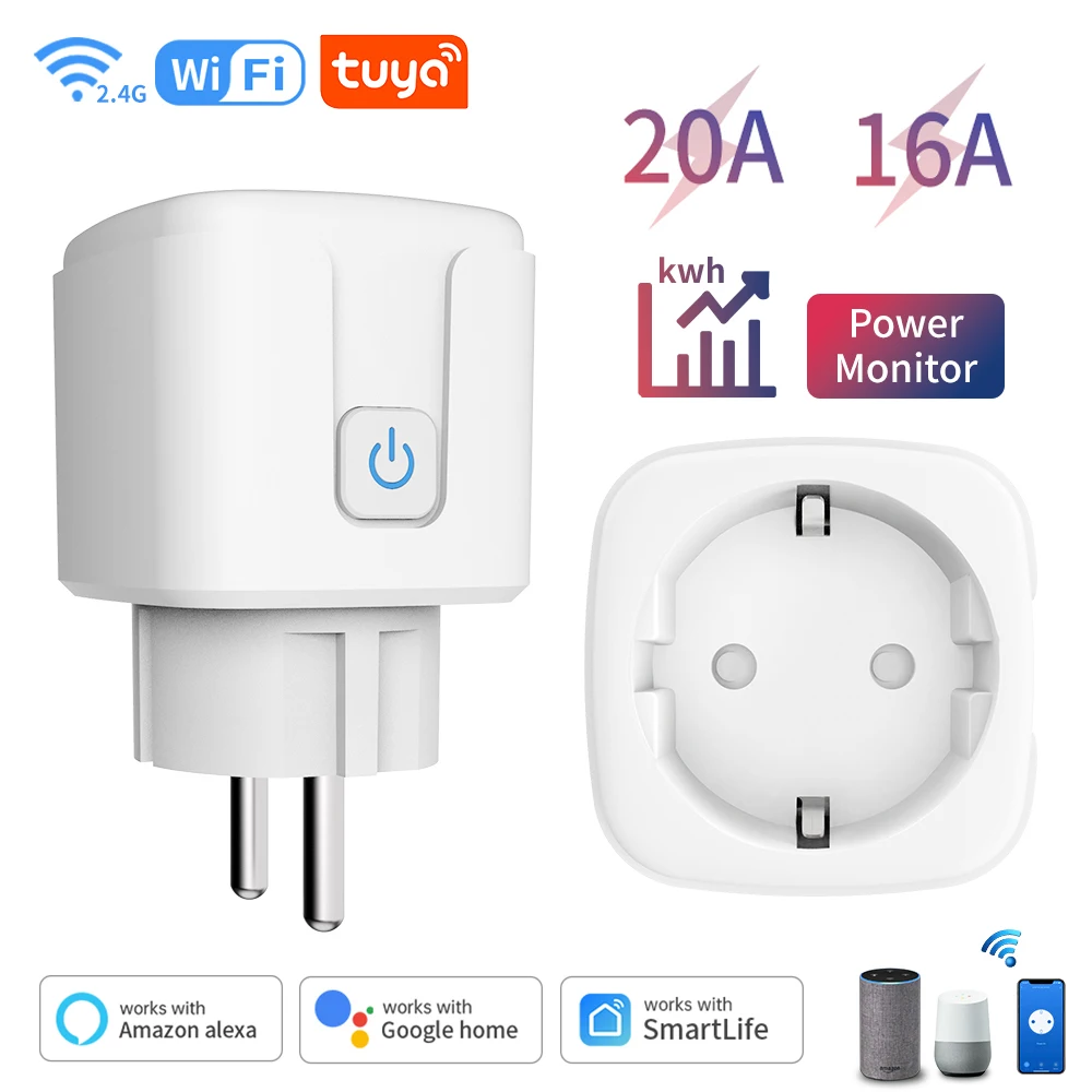 Enchufe inteligente Tuya EU16A/20A, enchufe inteligente Wifi con monitoreo de energía, aplicación remota Smart Life, Control compatible con asistente de Google Alexa