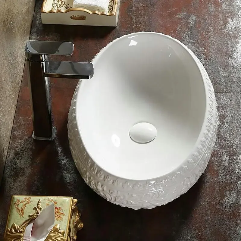 Artistic  Pure White Baroque Style Engraved Countertop Wash Basin Sanitary Ware Ceramic Countertop Bathroom Sink