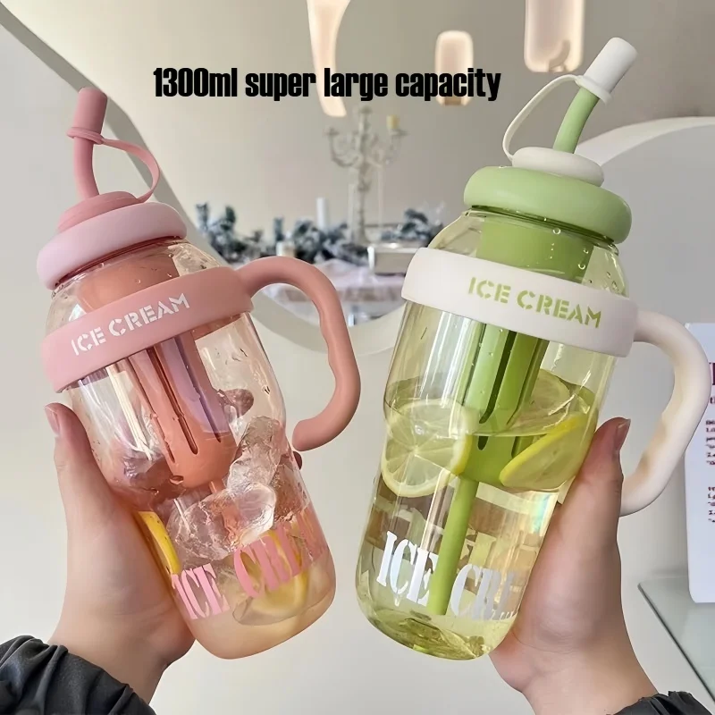 

1300ml Plastic Water Bottle with Plastic Straw & Tea Infuser, Leakproof Portable Large Capacity Travel Mug for Sports Office