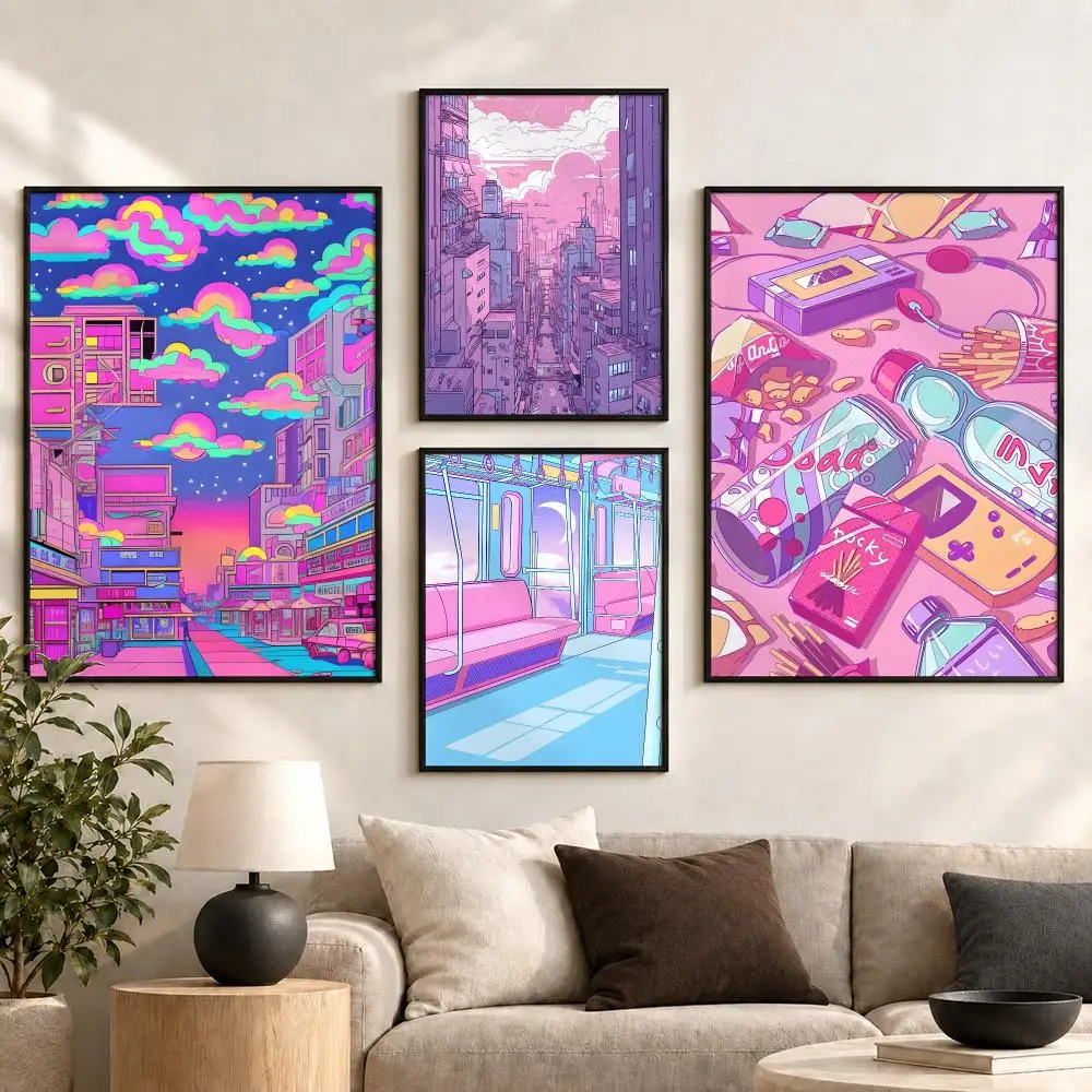 80S Neon City Street Retro Cyberpunk Glow Aesthetic Poster Aesthetic Art Print for Bedroom & Living Room Decor, Unframed