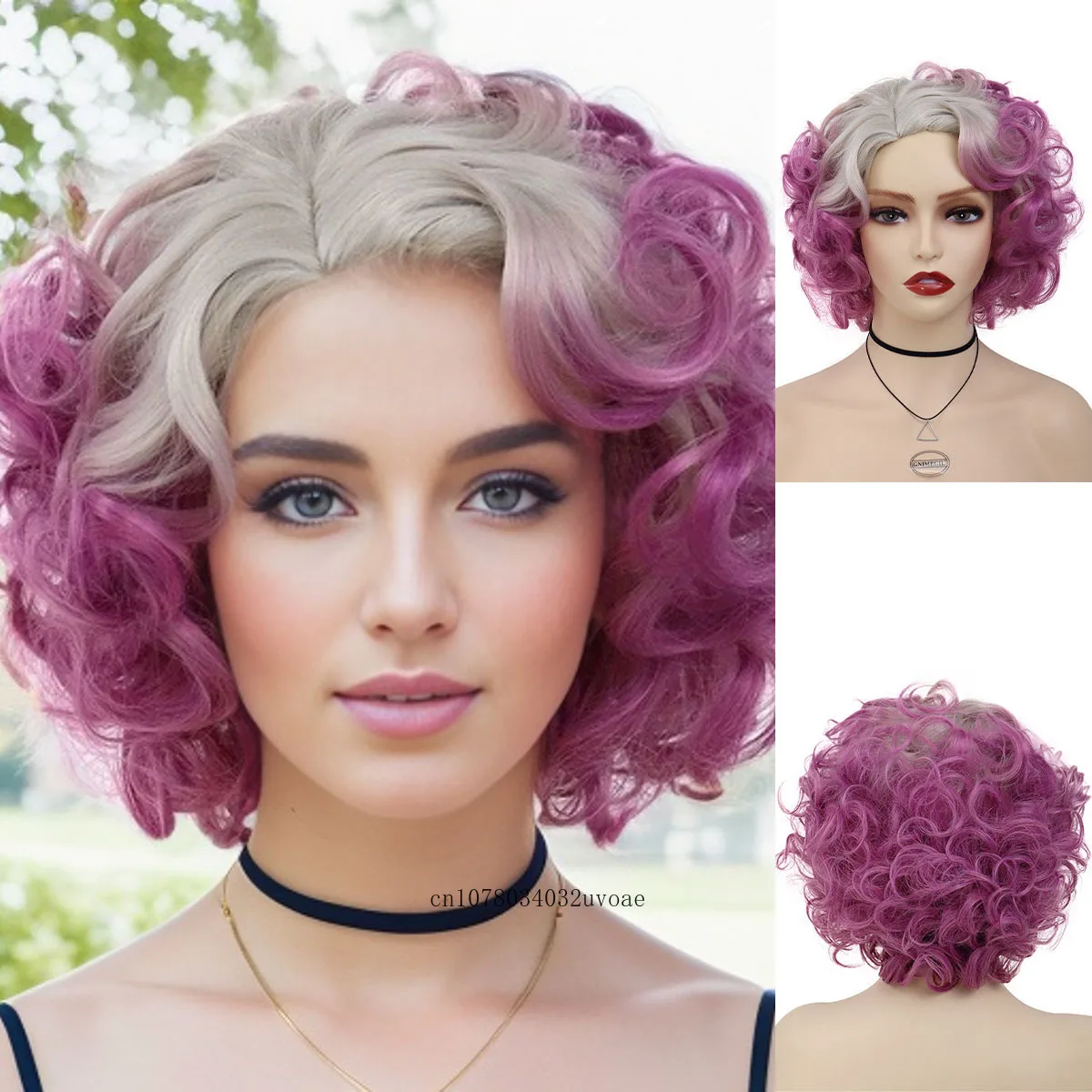 

Synthetic Short Ombre Purple for White Women Cosplay Wigs Female Wig Curly Hair Natural Wig Girls Colored Wig Halloween Costume