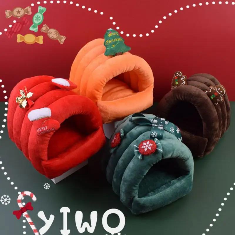 Small Animal Winter Bed Plush House Hideout Christmas Design Cage Decor For Ferret Parrot Hamster Playing Hiding Mat