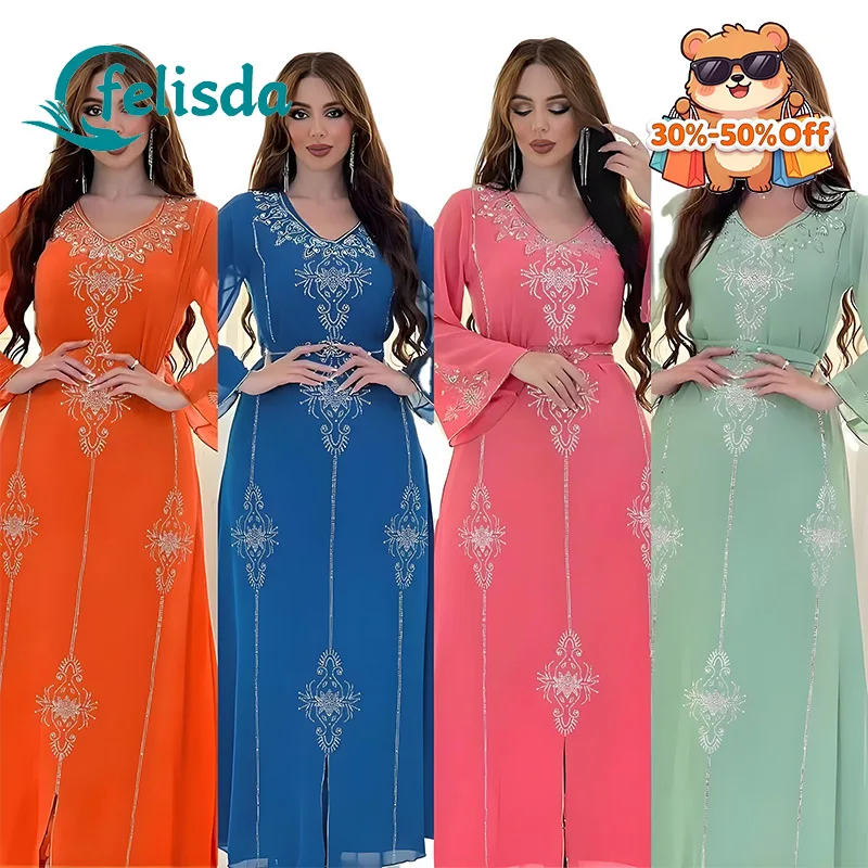 

Eid Jalabiya Muslim Abaya Party Dress Women Saudi Arabia Diamond Abayas Long Robe Elegant Ramadan Vestidos Muslim Women Dresses