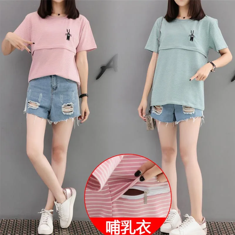 Maternity T-Shirt Summer Striped Zipper Breastfeeding T-Shirt Mother-To-Be Pregnant Women Clothes Breastfeeding Clothes