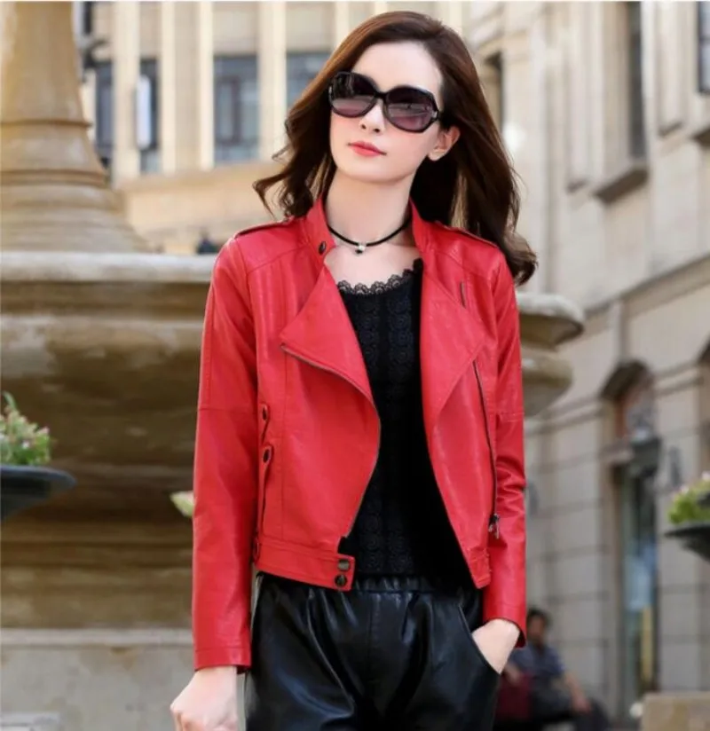 

New Women Leather Jacket Spring Autumn 2023 Fashion Moto&Biker Style Outerwear Stand Collar Short Leather Coat