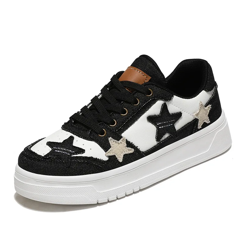 Denim White Patchwork Star Decor Platform Sneakers Lace Up Non Slip Casual Street Style Skate Board Shoes