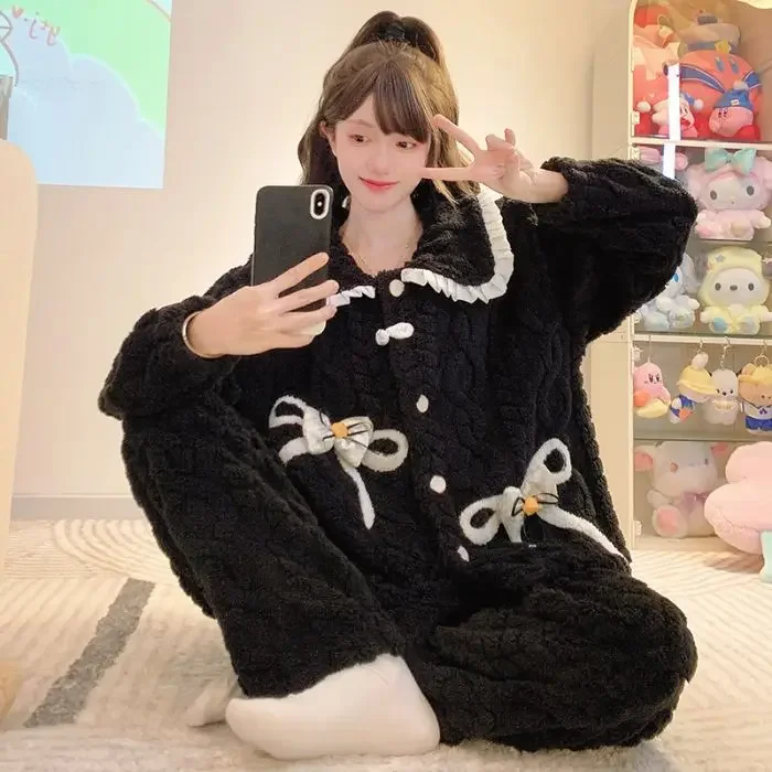 5XL Plus Size Coral Fleece Pajamas Set Women\'s Sweet Winter Warm Fleece Thickened Home Clothes Loungewear Can Be Worn Outside