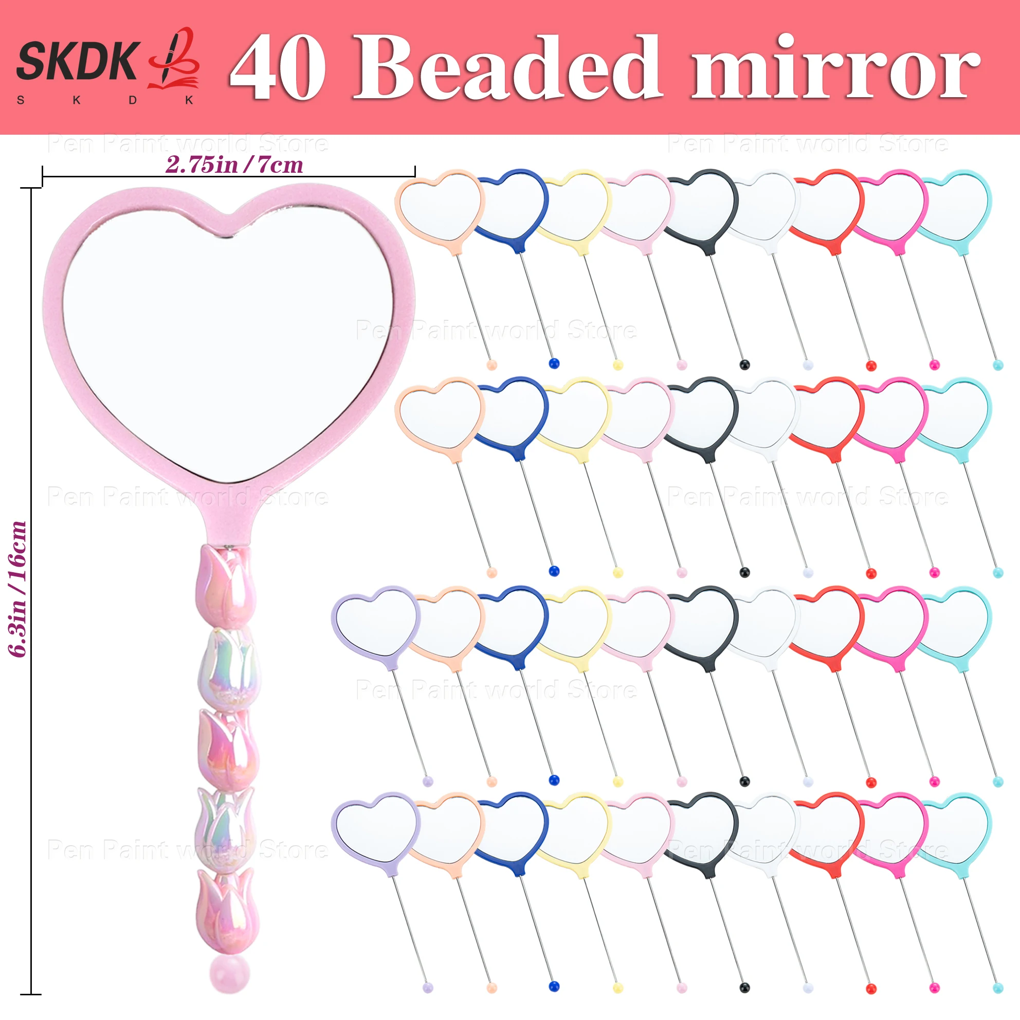 40Pcs Wholesale Beaded  Hand Mirror - Clip-on Bookmark & Compact Mirror  Heart Shape