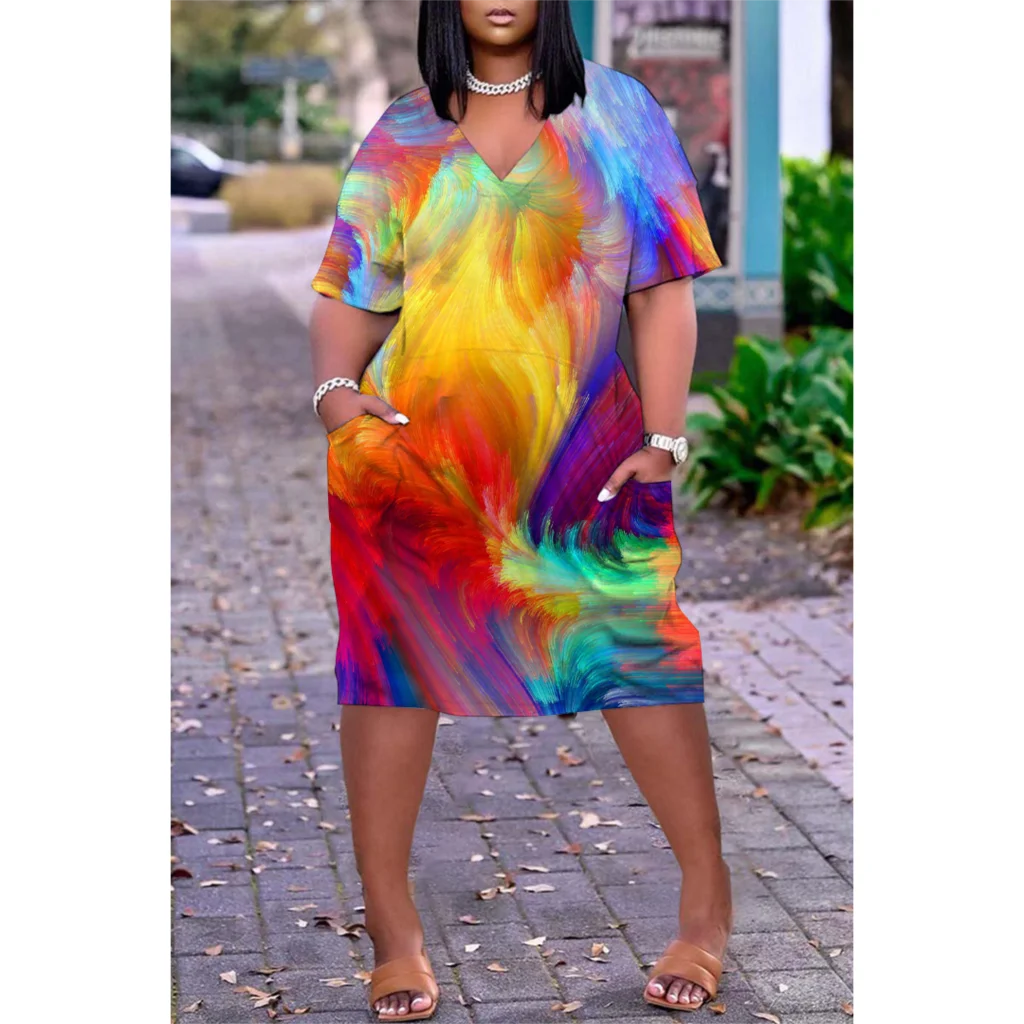 Abito estivo bohémien allentato Stampa 3D Moda Donna Abiti a maniche corte Ragazza al ginocchio Boho con scollo a V Abito da spiaggia allentato da donna