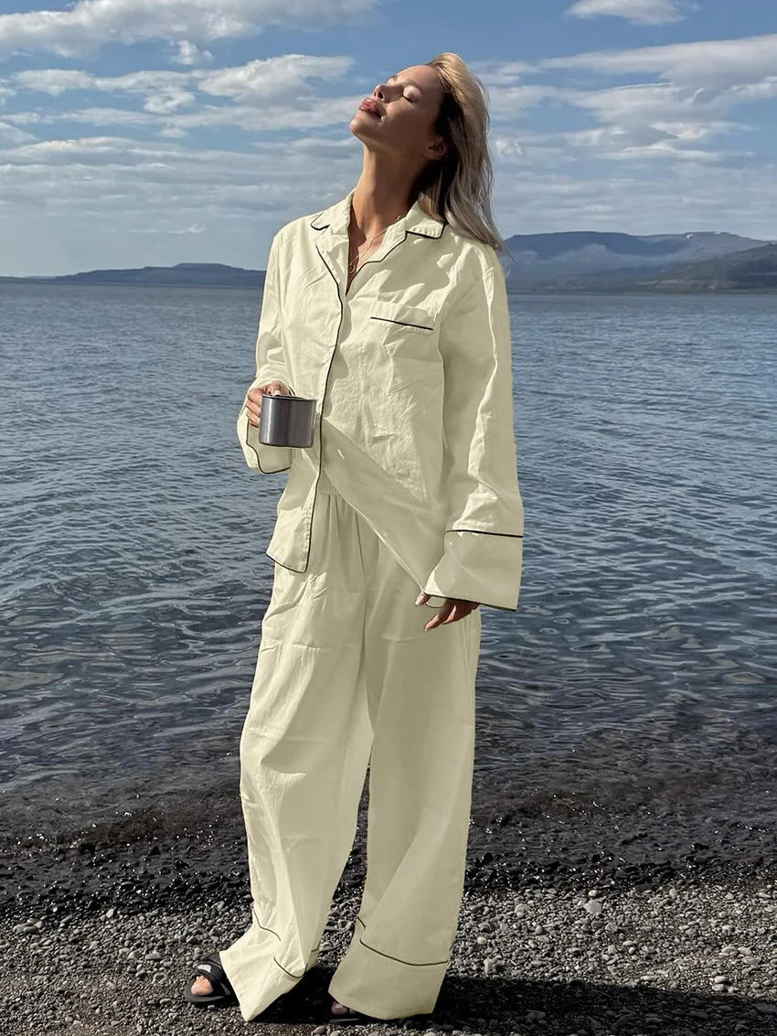 

Marthaqiqi Cotton Female Sleepwear Set Turn-Down Collar Pajamas Long Sleeve Nightgowns Pants Winter Women Nightwear 2 Piece Suit