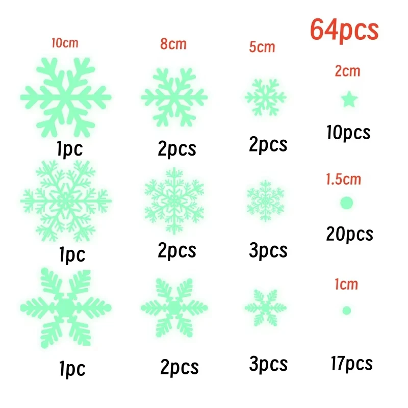 64pcs Glowing Snowflake Wall Decals Party Supplies Decoration Snowflake Sticker Fluorescent Snowflake Sticker Room Decor