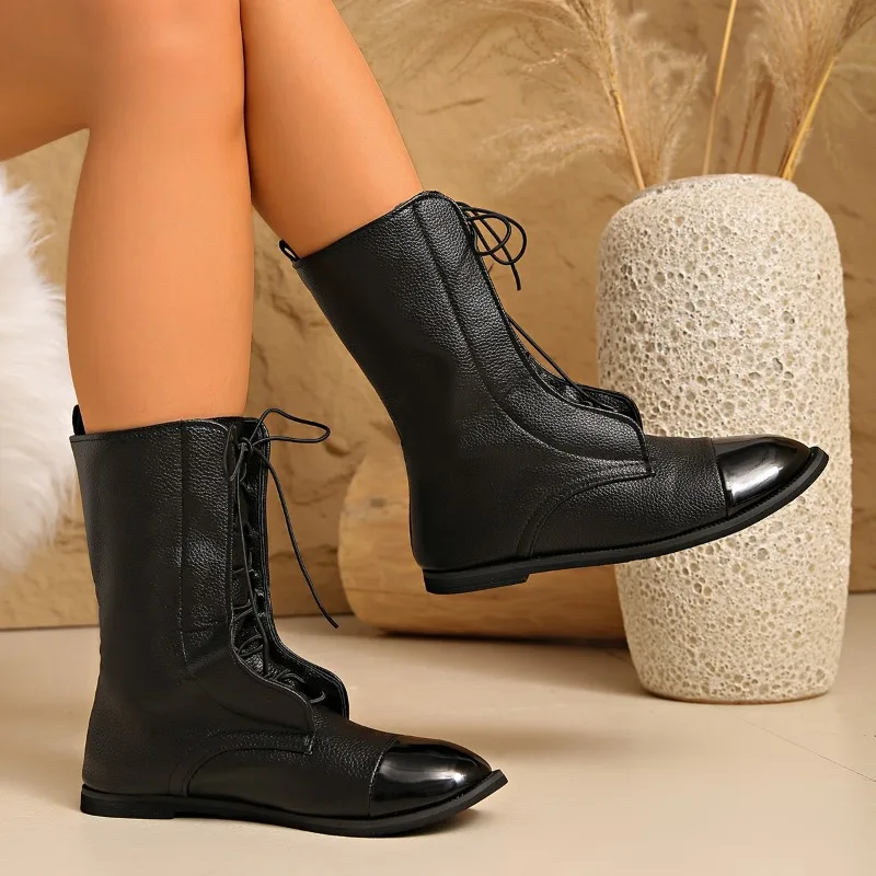 أحذية جانبية ناعمة ونعل ناعم للنساء لخريف وشتاء 2025 أحذية مسطحة غير رسمية جديدة بمقدمة مربعة ورباط #4