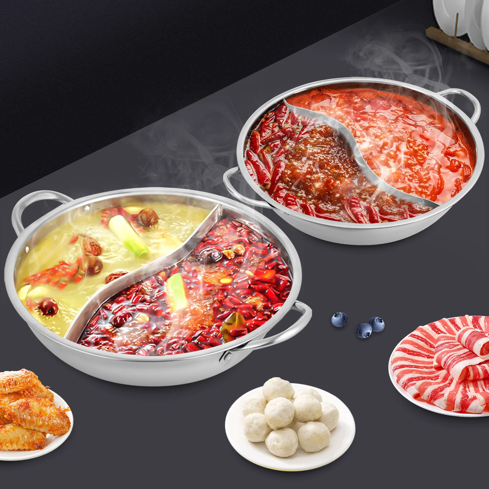 Stainless Steel Hot Pot With Divider,Installation-Free Cookware Set，Pot With Glass Lid,Suitable For Use With Stoves And Ovens