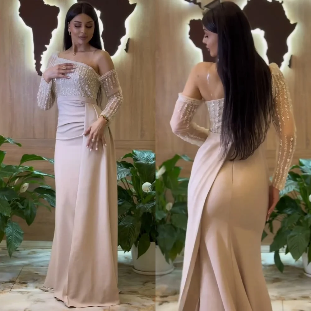 

Customized Modern Style Jersey Sequined Pleat A-line Off-the-shoulder Long Dresses Bespoke Occasion Formal