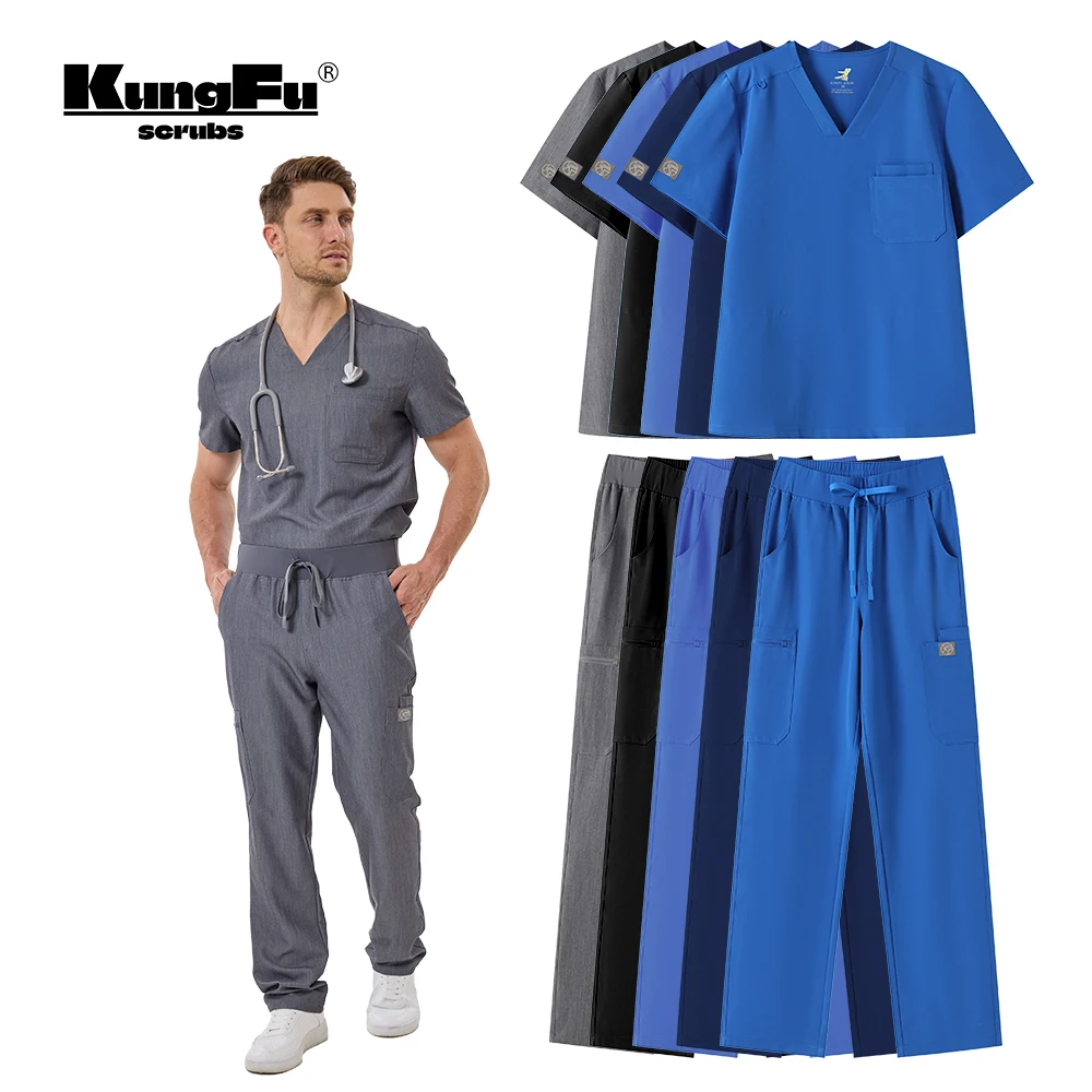 

KUNGFU SCRUBS Medical Uniform high-end breathable TRS fabric workwear nursing scrubs for mens V-neck short-sleeved pants set