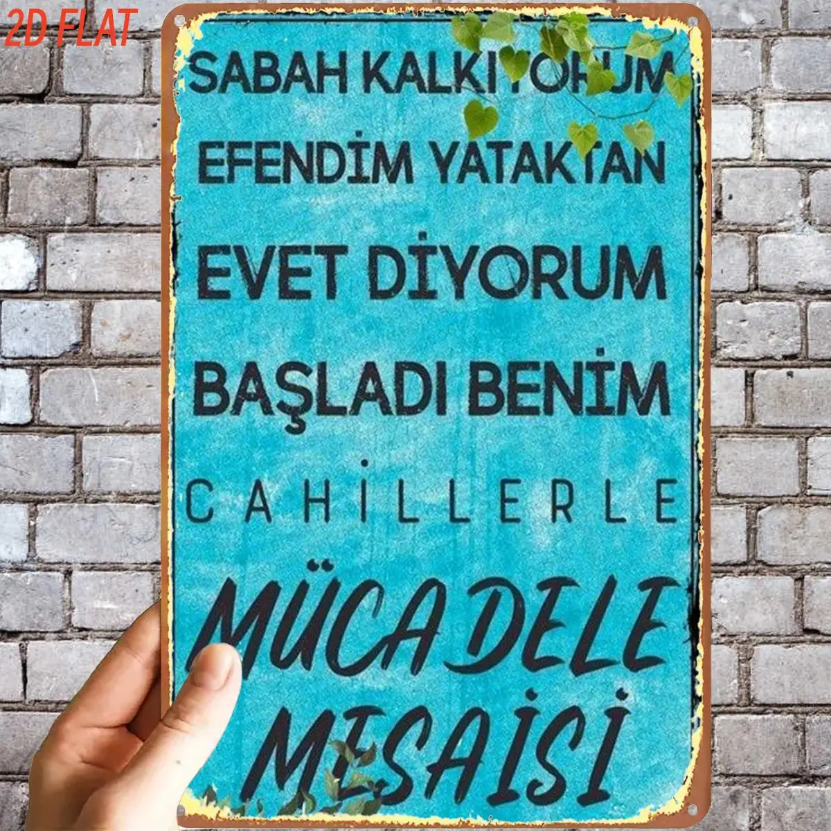 2D Flat, Retro Vintage Blue Sign with Turkish Quote Metal Iron Sign, Pre-Drilled Holes, Suitable for Indoor, Garden, Outdoor
