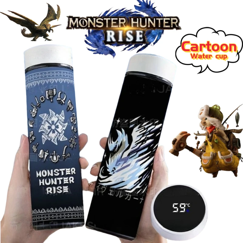 Monster Hunter Wilds Gemma Felyne Game Mercancía Botella de agua portátil de acero inoxidable aislada con pantalla de temperatura