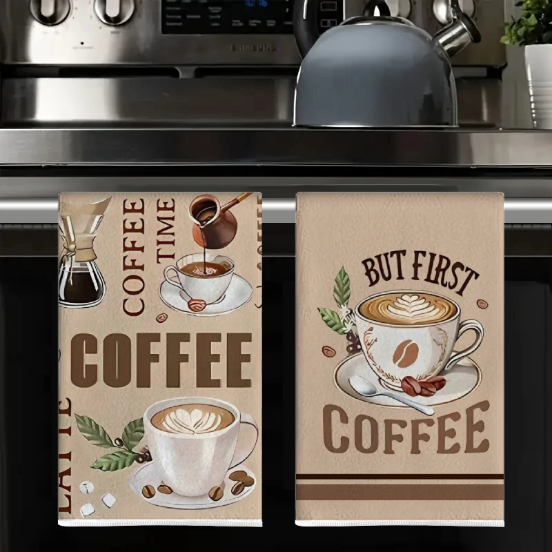 2Pcs, Lettered Coffee Latte Art Kitchen Towels, 40Cm*60Cm Towel Set, Super Absorbent Soft Cleaning Cloth, Cooking and Baking Tea Towel, Hand Towel, Cleaning Cloth, Dishcloth, Kitchen Decoration, Living Room Decoration, Kitchen Essentials, Home Essentials